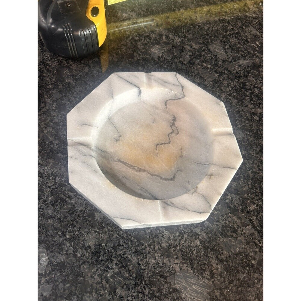 Vintage Mid Century Carved Polished Onyx Marble Natural Stone Octagon Ashtray